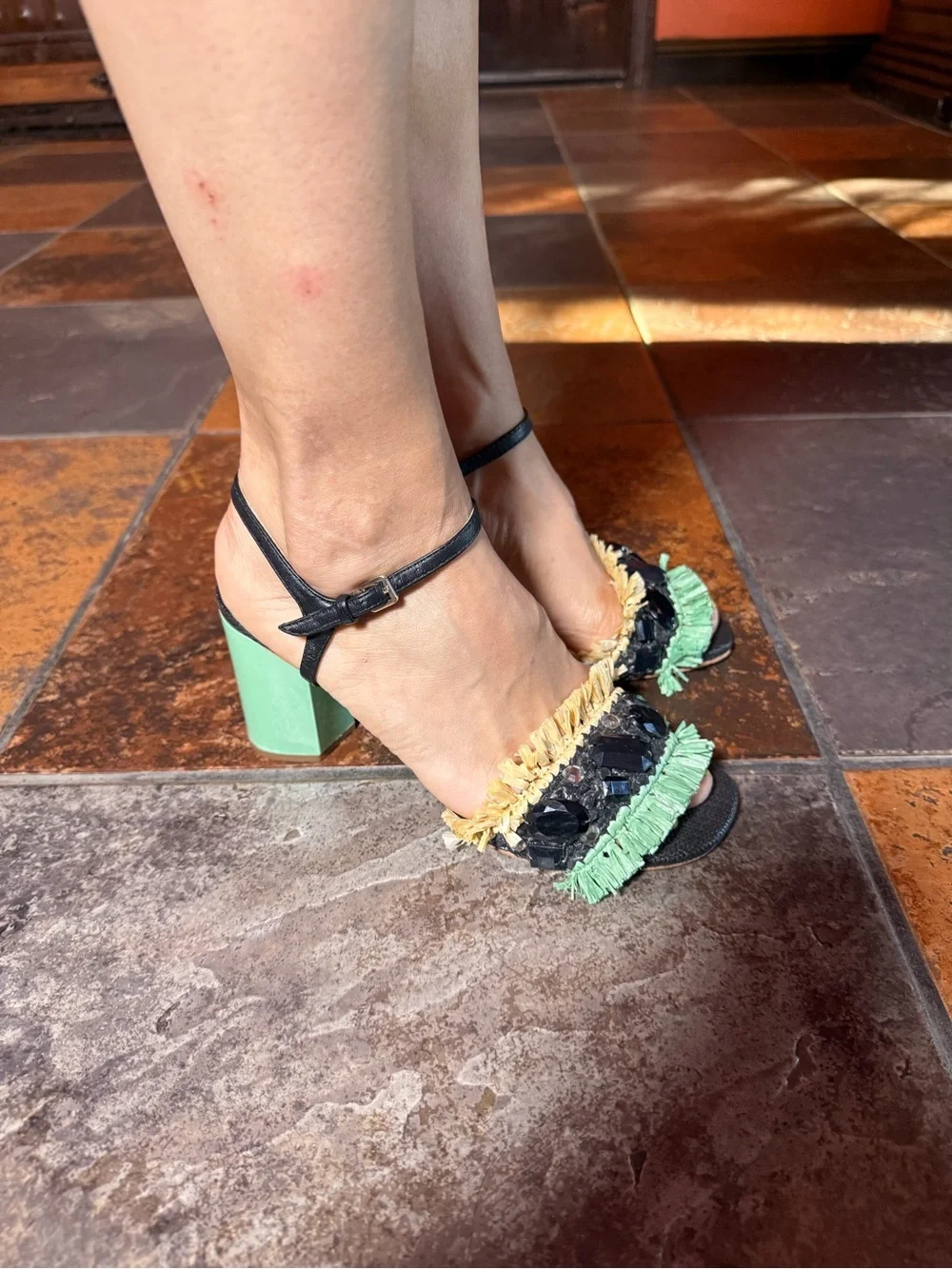 kate spade Black Sandals with Cream & Mint Fringe and Jewel Embellishments